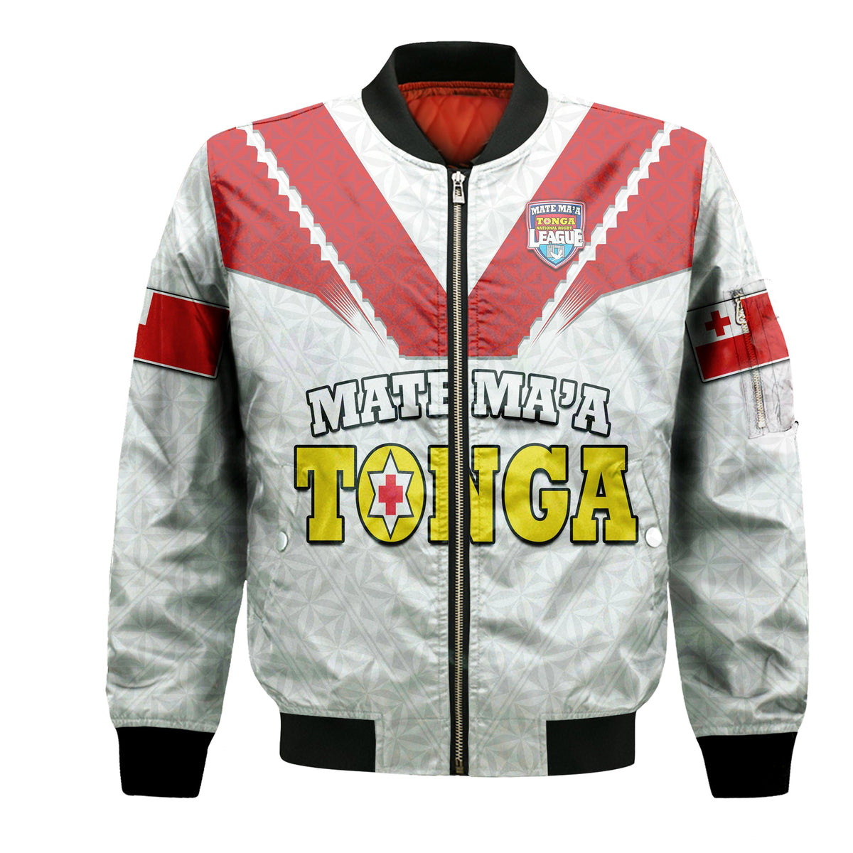White bomber jacket with red chest panels, black rib trim, front zip, Mate Ma'a Tonga graphic