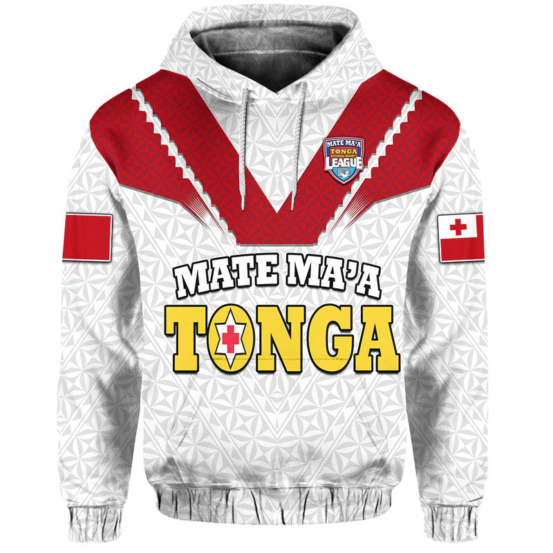 White rugby hoodie with red shoulder panels, geometric print, and large front team graphic