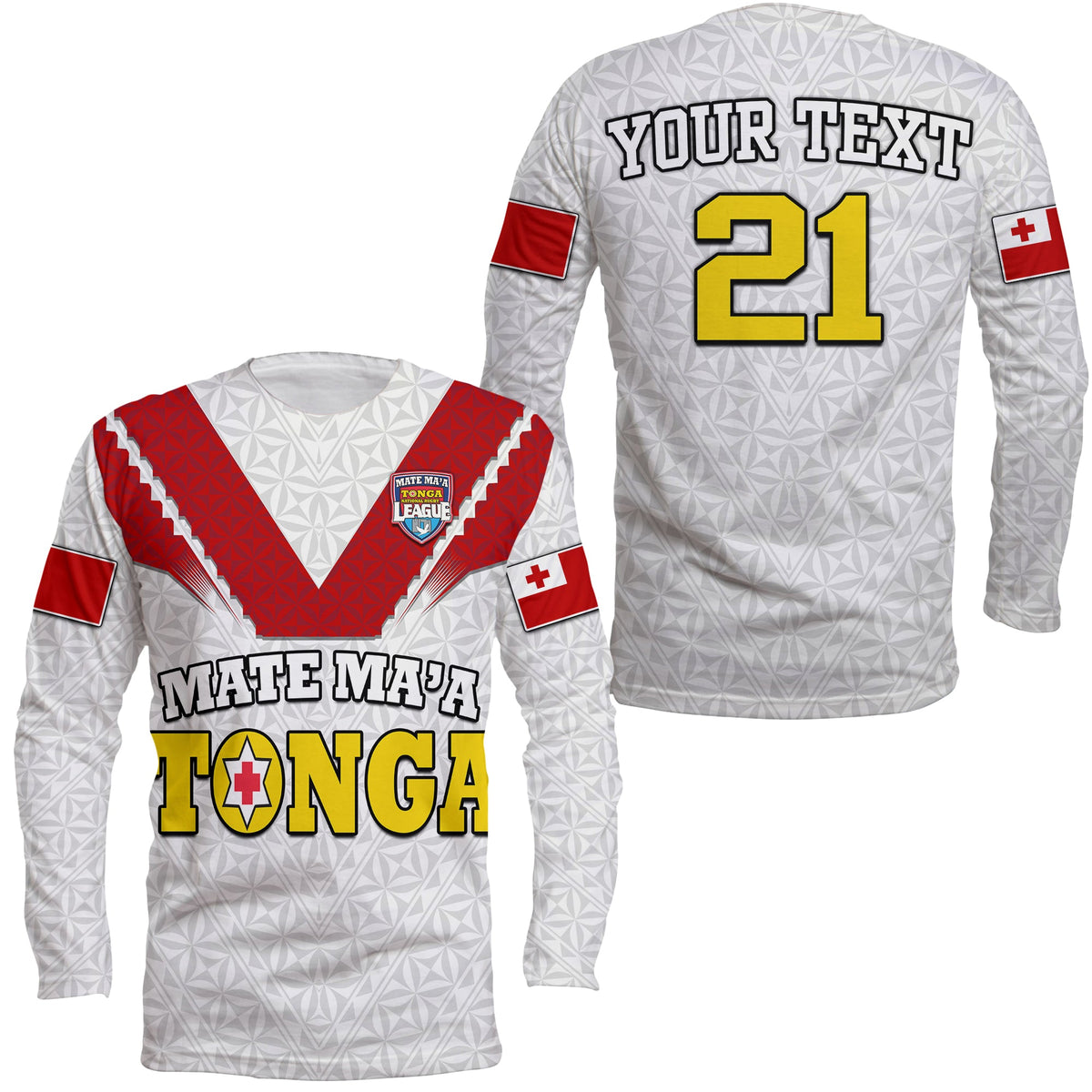 White long-sleeve rugby shirt with geometric pattern, red V yoke, and team crest print.