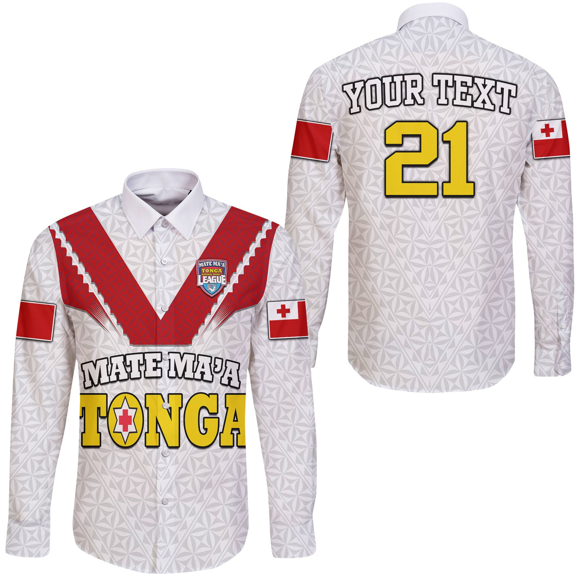 White long-sleeve button rugby shirt, red v-panel, crest and large number print