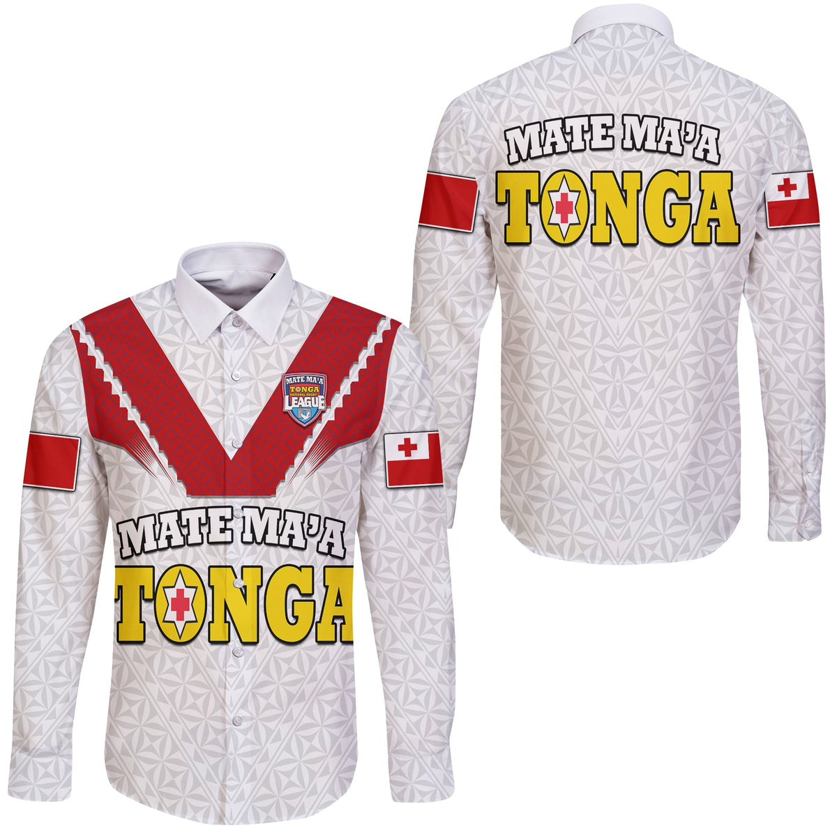 White long sleeve rugby button shirt with red V yoke and TONGA front logo