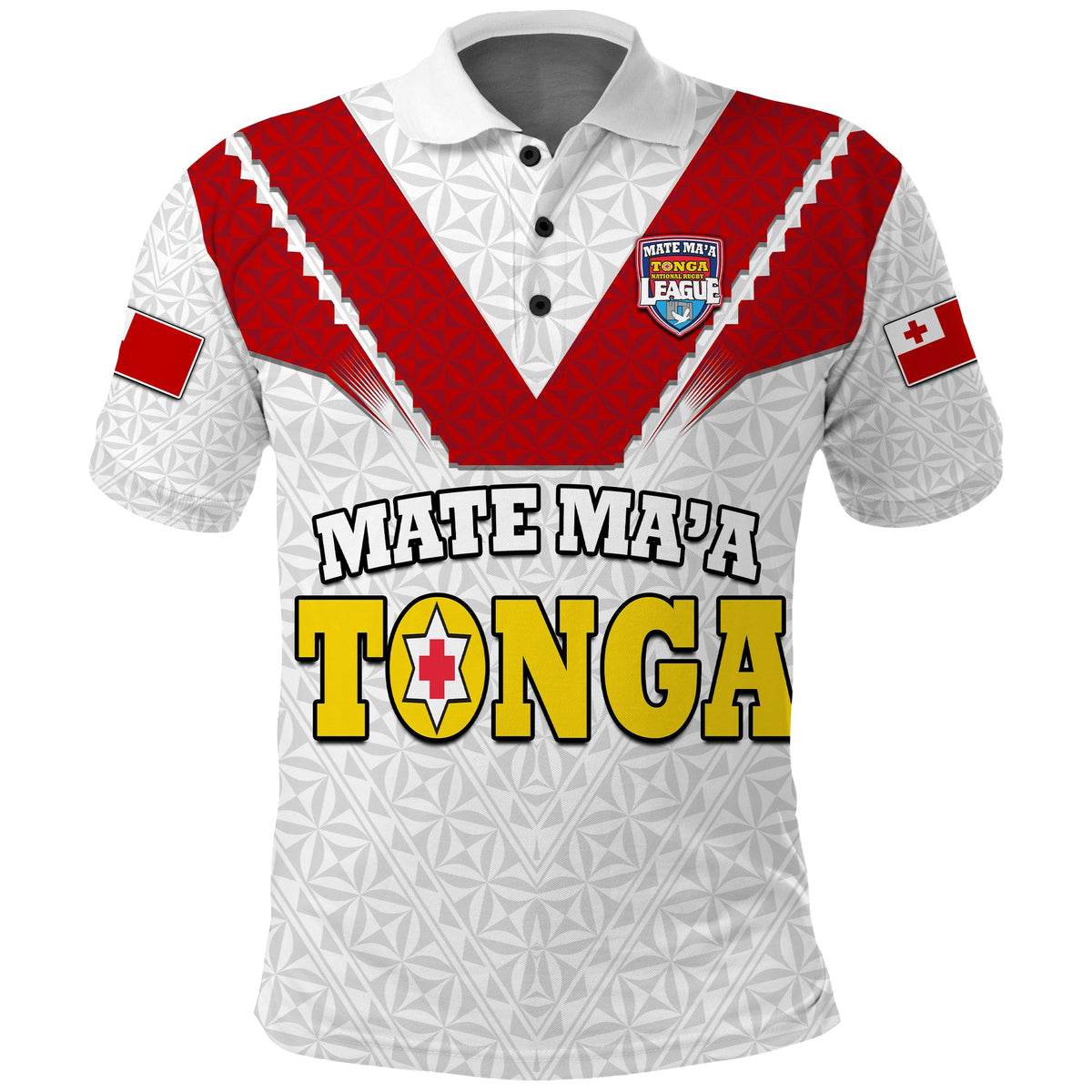 Rugby polo shirt, white with red V yoke and Mate Ma'a TONGA graphic on front