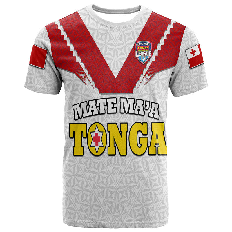 White rugby T-shirt with red V yoke, geometric pattern, front crest and Tonga text