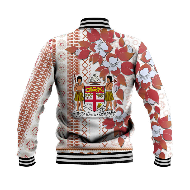 Back of white baseball jacket with red floral, tapa pattern hem and ribbed cuffs