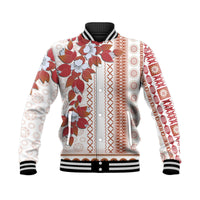 White baseball jacket with red floral tapa stripe panels; ribbed collar and cuffs