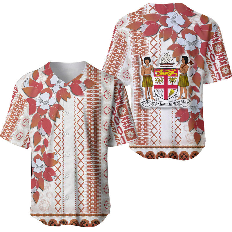 White baseball jersey with red/orange tapa floral stripe print, short sleeves