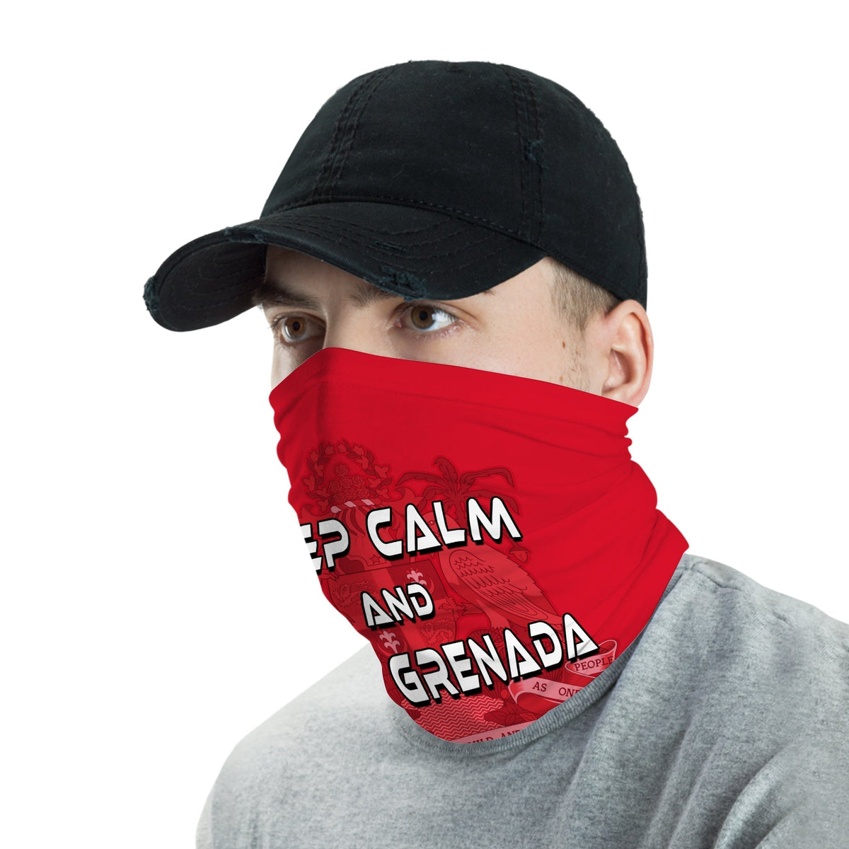 Grenada-themed face covering bandana, red with Keep Calm and Love Grenada text