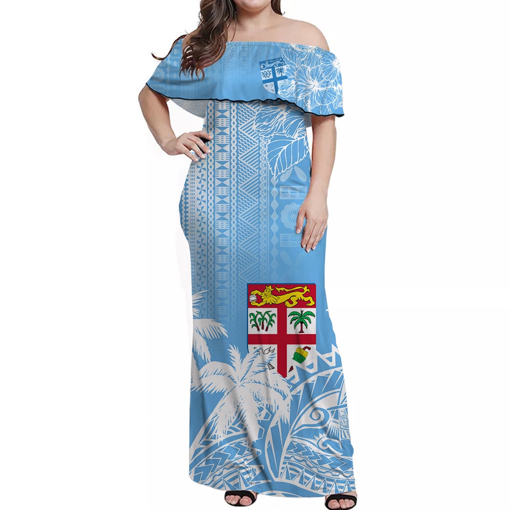 Off-shoulder long dress with tapa waves print, ruffled neckline and fitted bodice