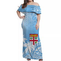 Off-shoulder long dress with tapa waves print, ruffled neckline and fitted bodice