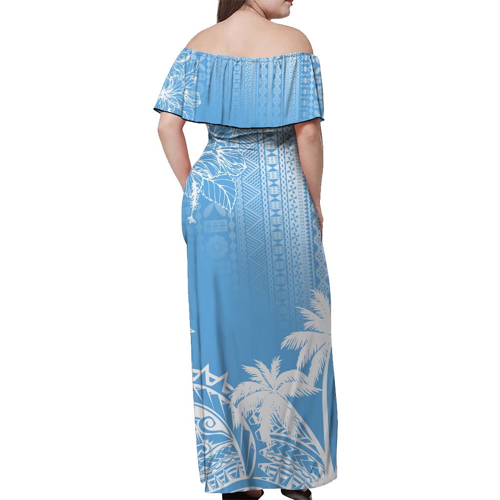 Off-shoulder long dress, back view with ruffle neckline and flowing skirt panel print