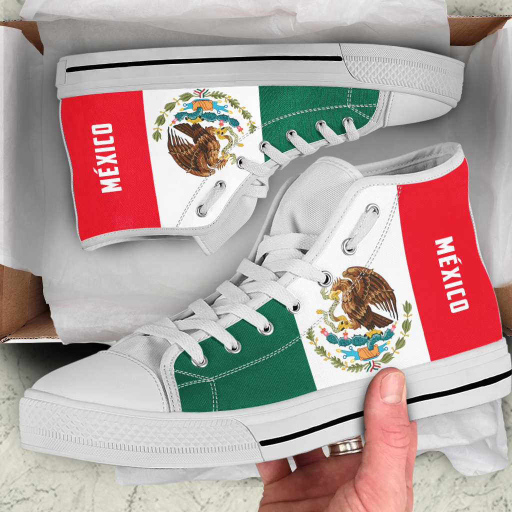 Mexican flag high-top sneakers with white laces, green panel, red sides, eagle print