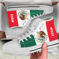 Mexican flag high-top sneakers with white laces, green panel, red sides, eagle print