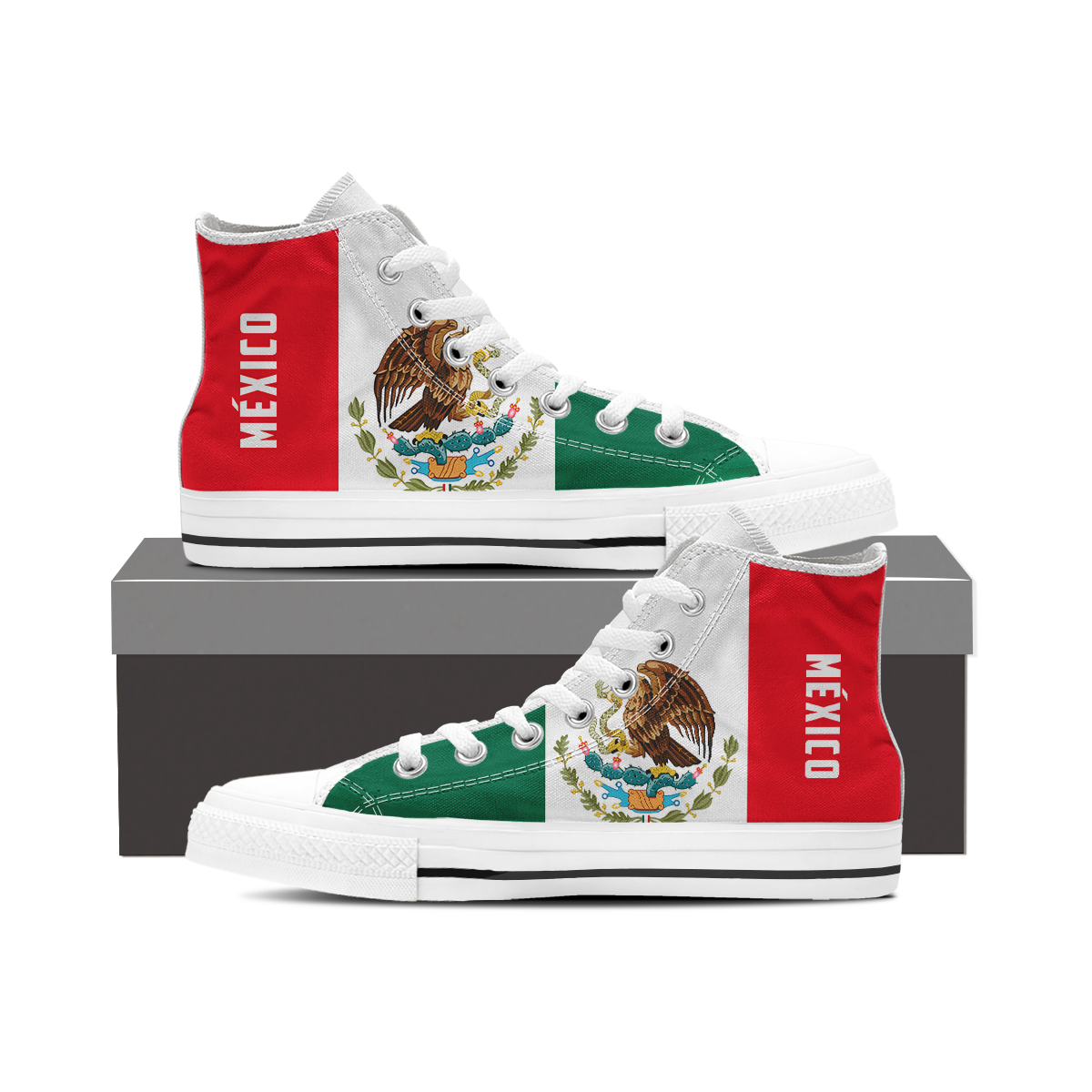 High-top sneakers with white upper, green stripe, and red side panels with eagle crest
