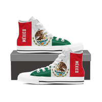 High-top sneakers with white upper, green stripe, and red side panels with eagle crest