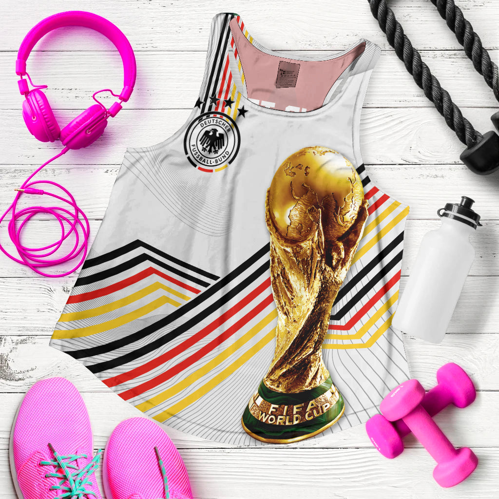 White racerback tank top with Germany crest and gold World Cup trophy graphic