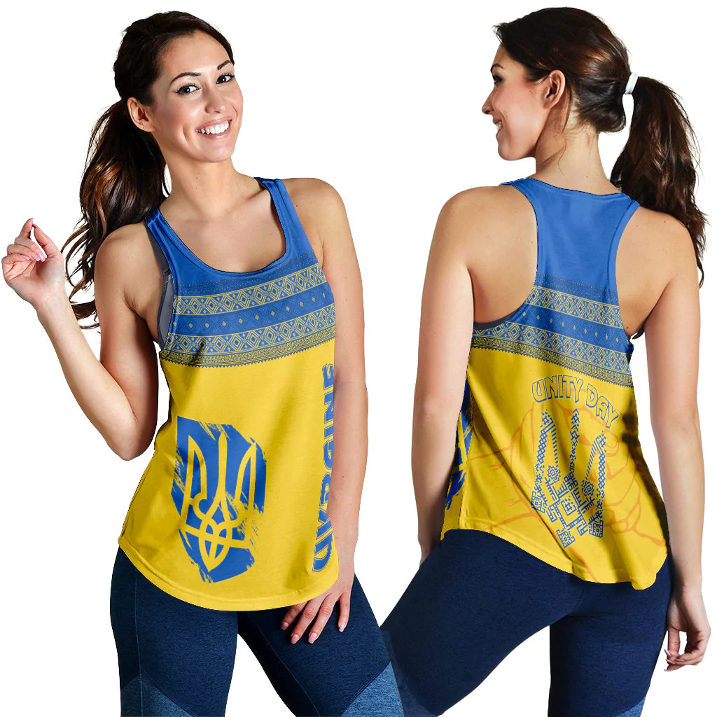 Women’s racerback tank top, yellow and blue geometric folk print, back view