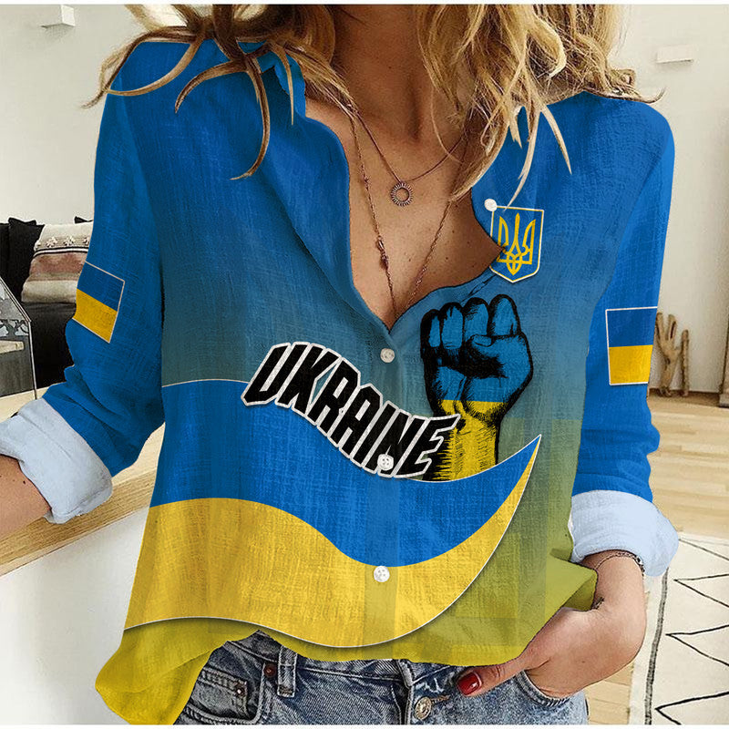 Women’s blue casual shirt with UKRAINE print, trident, and flag colors