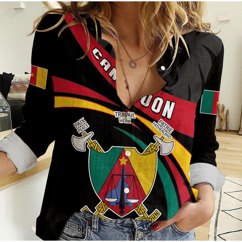 Women's black casual shirt with large multicolor Cameroon graphic