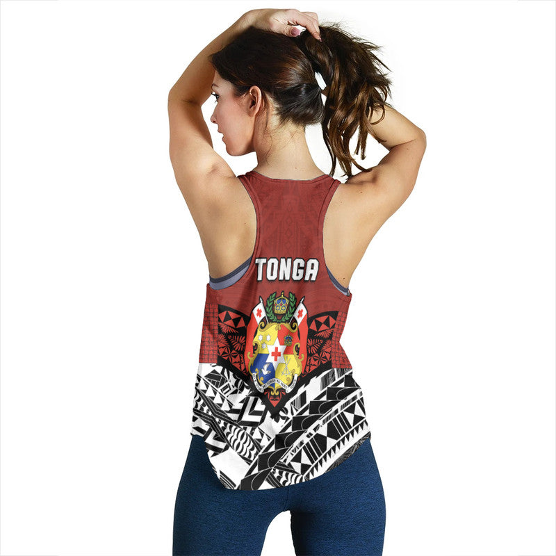 Back view of red racerback tank with printed “Tonga” and 52nd graphics hemline