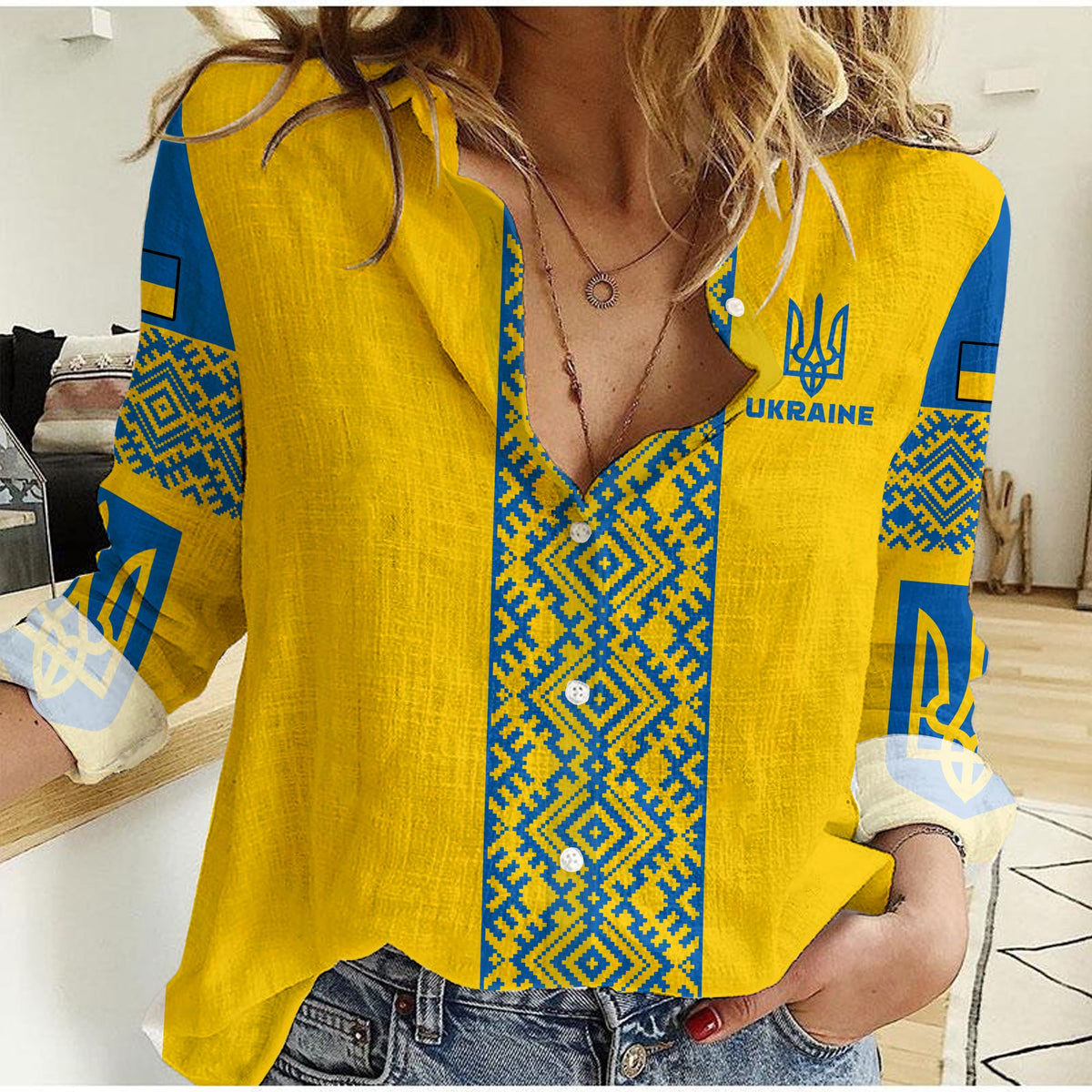 Yellow women’s casual shirt with blue geometric Ukrainian pattern and button front