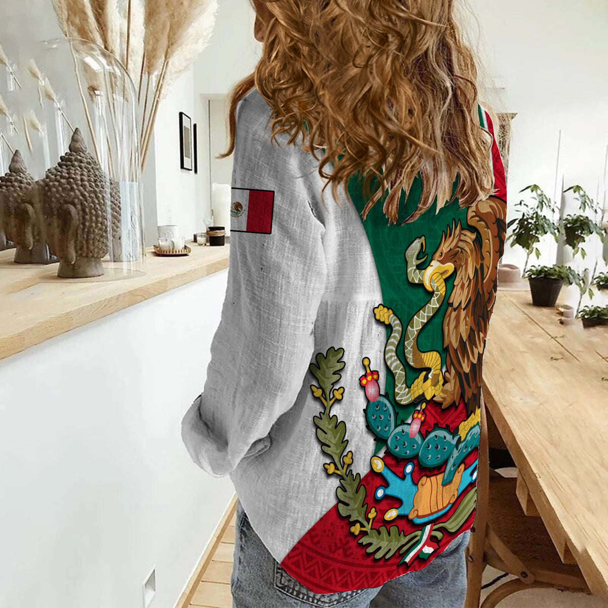 Women’s white casual shirt with multicolor Aztec-style eagle and cactus print