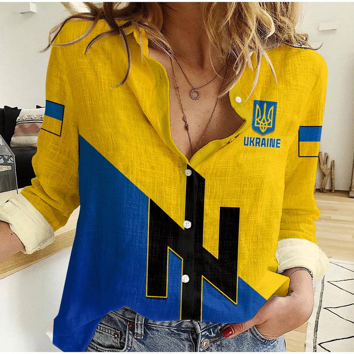 Yellow women’s casual button-up shirt with Ukraine flag graphic and patch accents