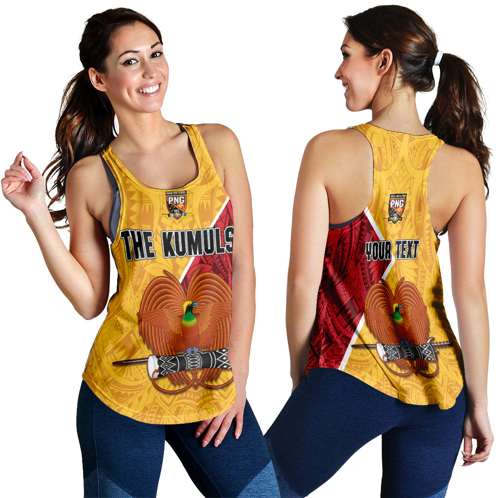 Yellow racerback tank, Polynesian graphic front with 'THE KUMULS' text