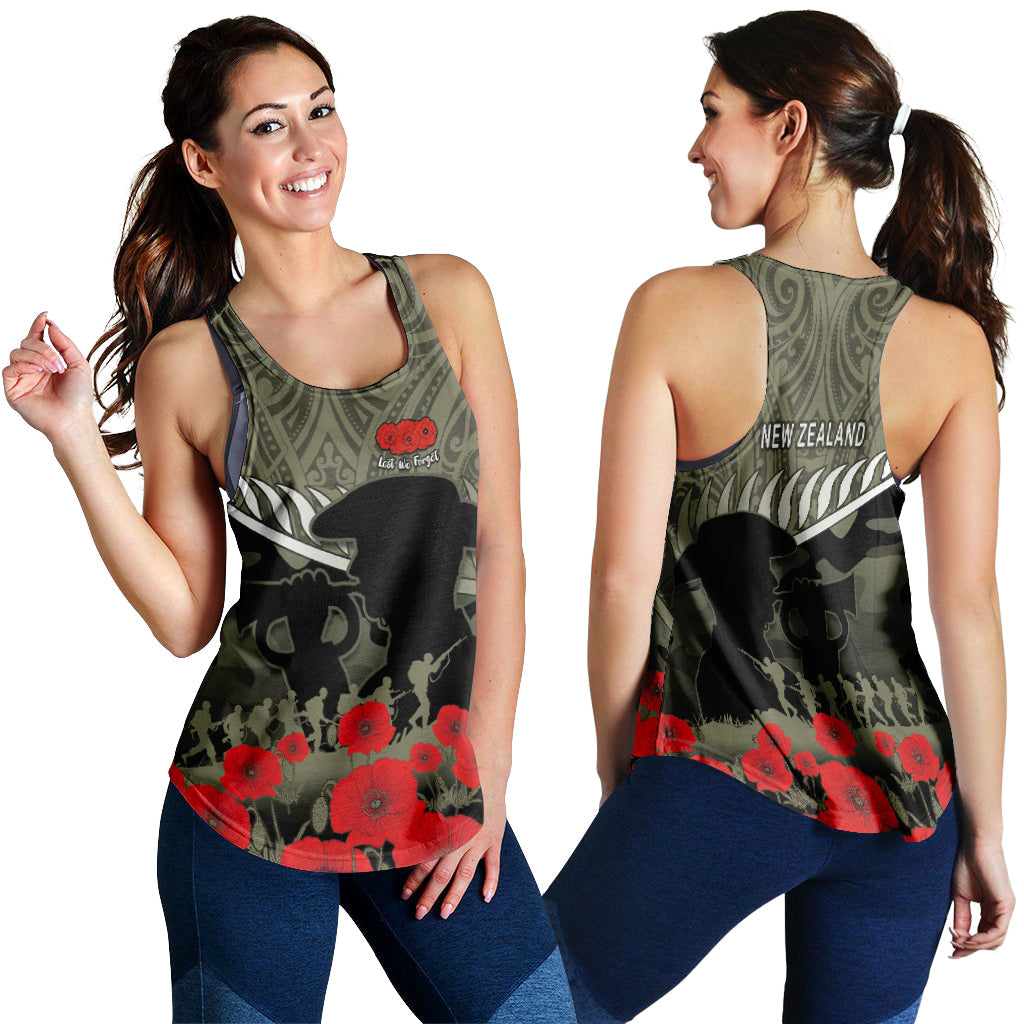 Green camo racerback tank with red poppies and Maori design, front and back shown