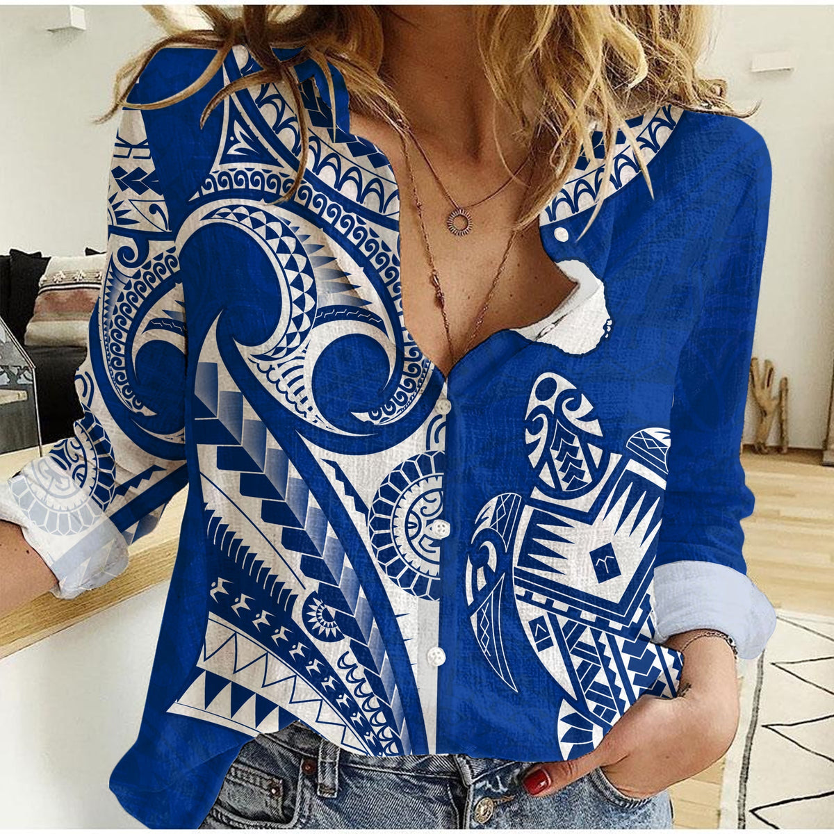 Blue women’s button-up shirt with turtle & map print, open collar