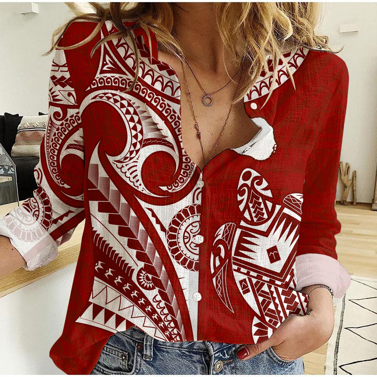 Red women’s casual button-up shirt with white turtle and tribal map print, open collar