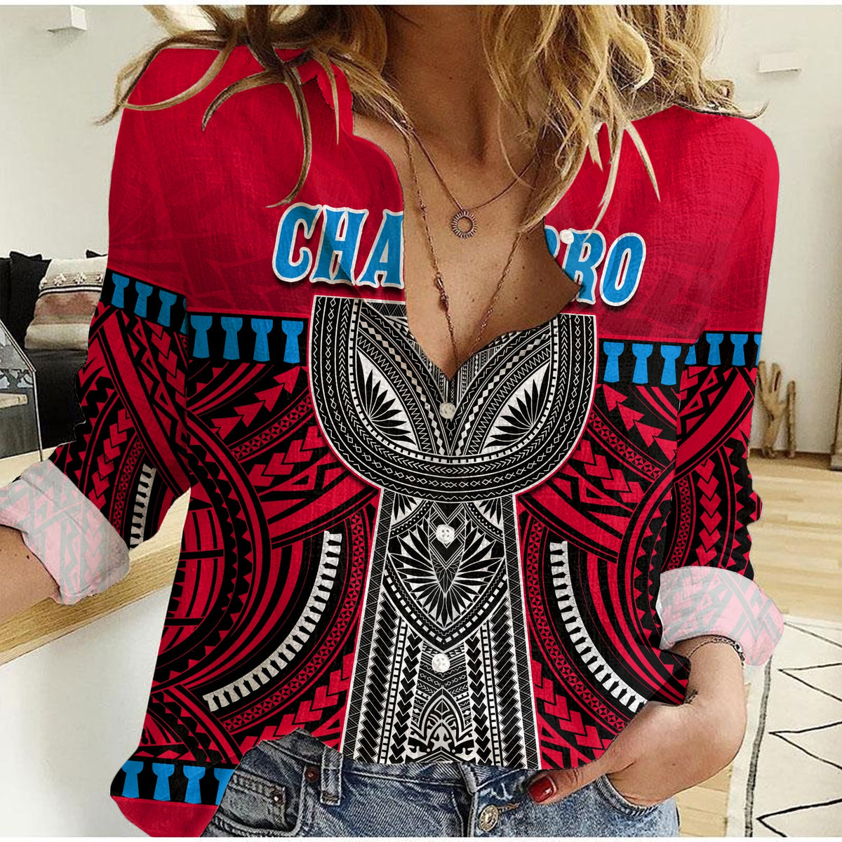 Red women’s casual shirt, V-neck, blue trim, black/white Polynesian print