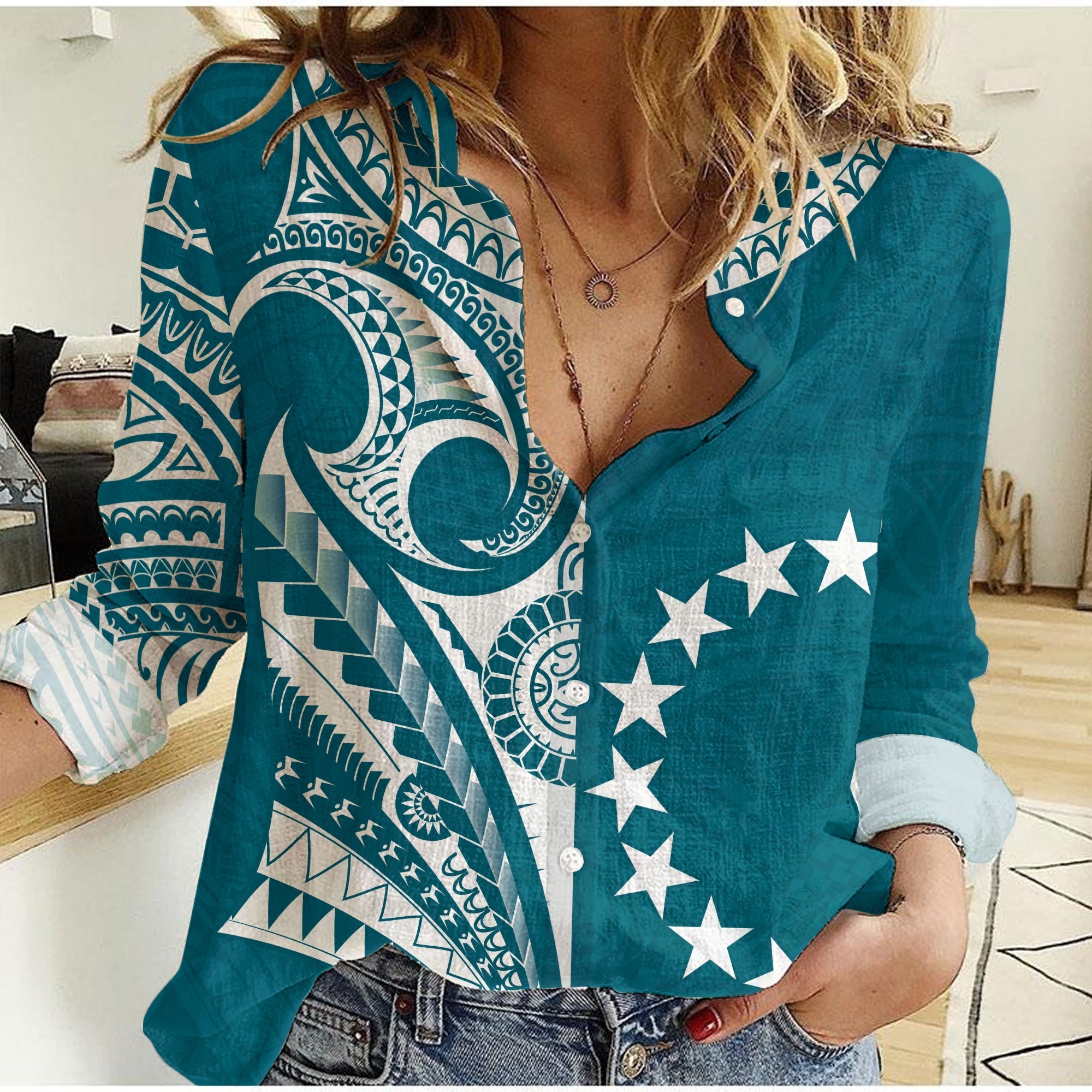 Cook Islands Tatau Women Casual Shirt Symbolize Passion Stars Version Blue LT13 - Wonder Print Shop