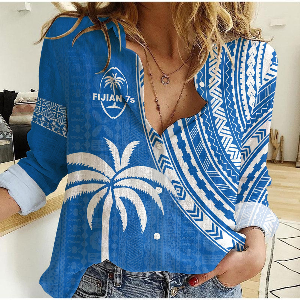 Women’s blue casual shirt with white tiki and geometric print, button front, long sleeves