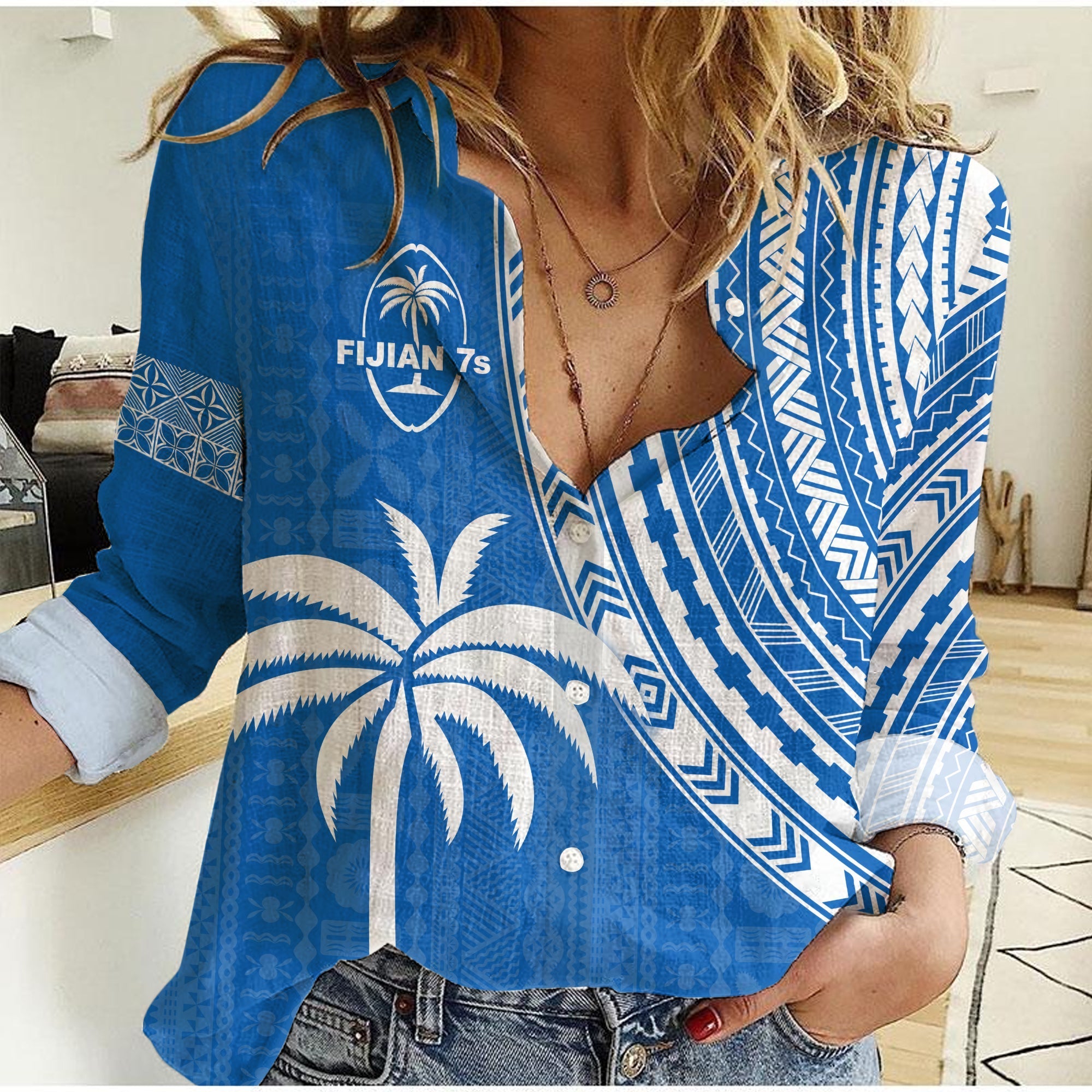 Fiji Rugby Sevens Women Casual Shirt Fijian 7s Tapa Polynesian Blue Ver.01 LT13 - Wonder Print Shop