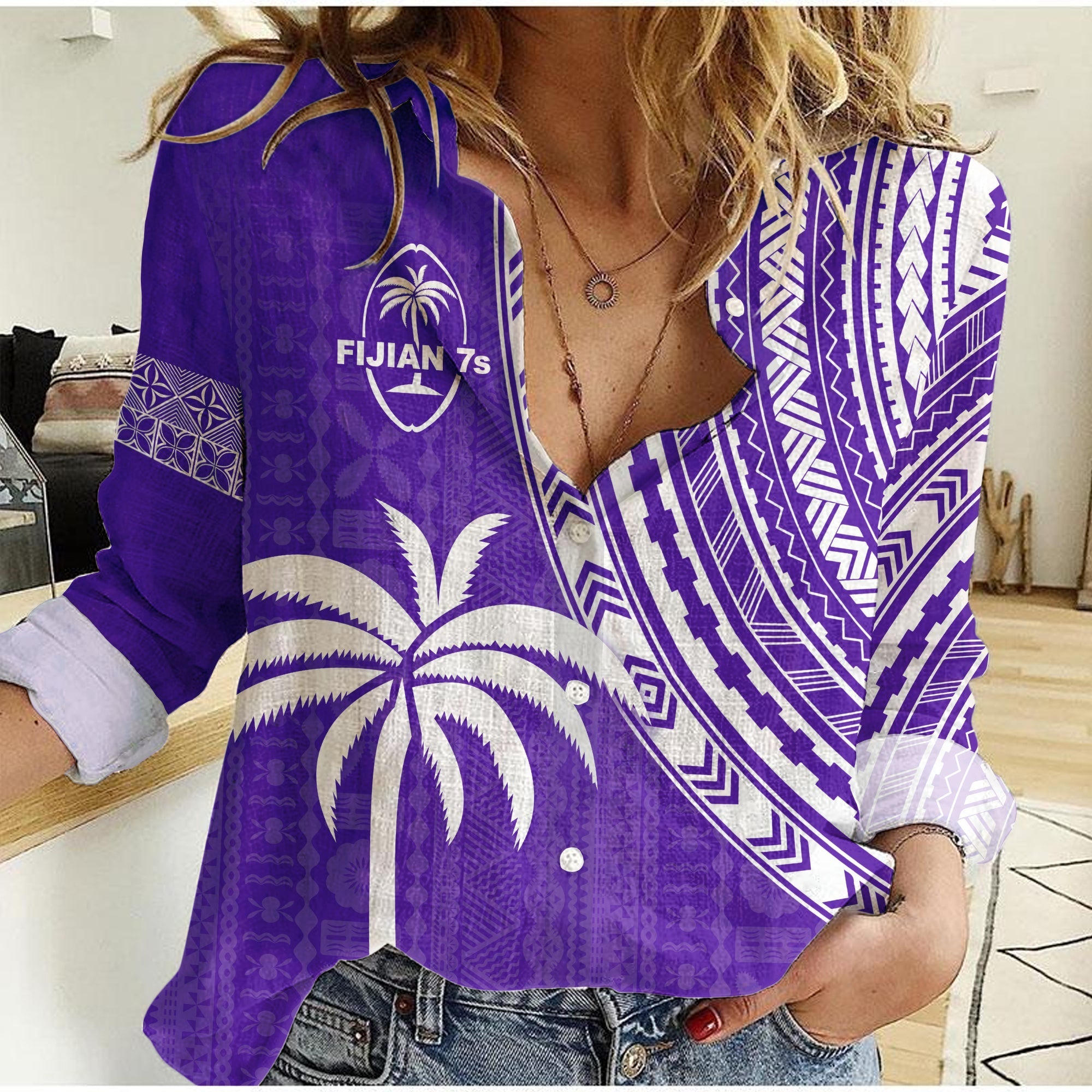 Fiji Rugby Sevens Women Casual Shirt Fijian 7s Tapa Polynesian Purple LT13 - Wonder Print Shop