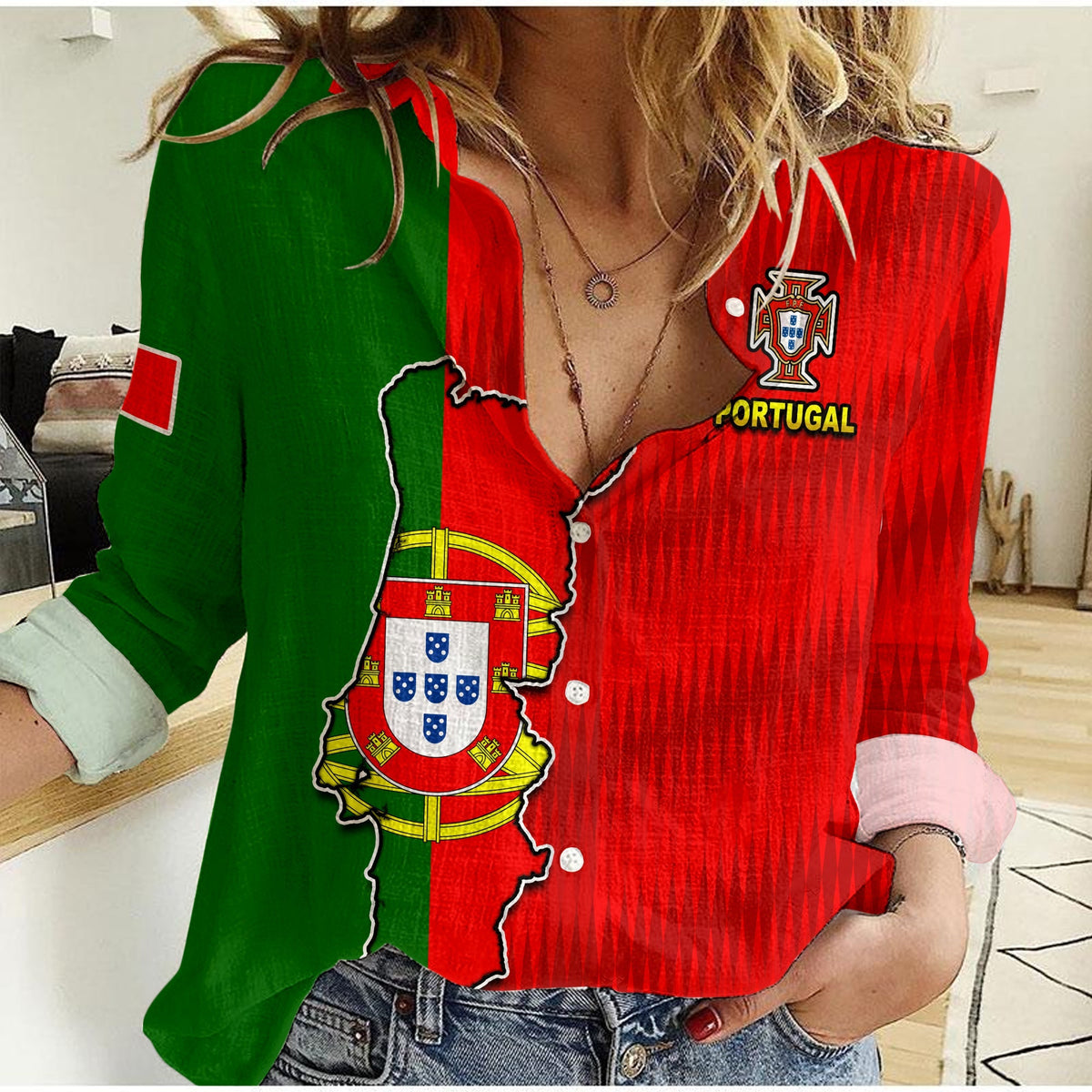 Women’s casual Portugal shirt in red and green flag print with Portugal map and crest
