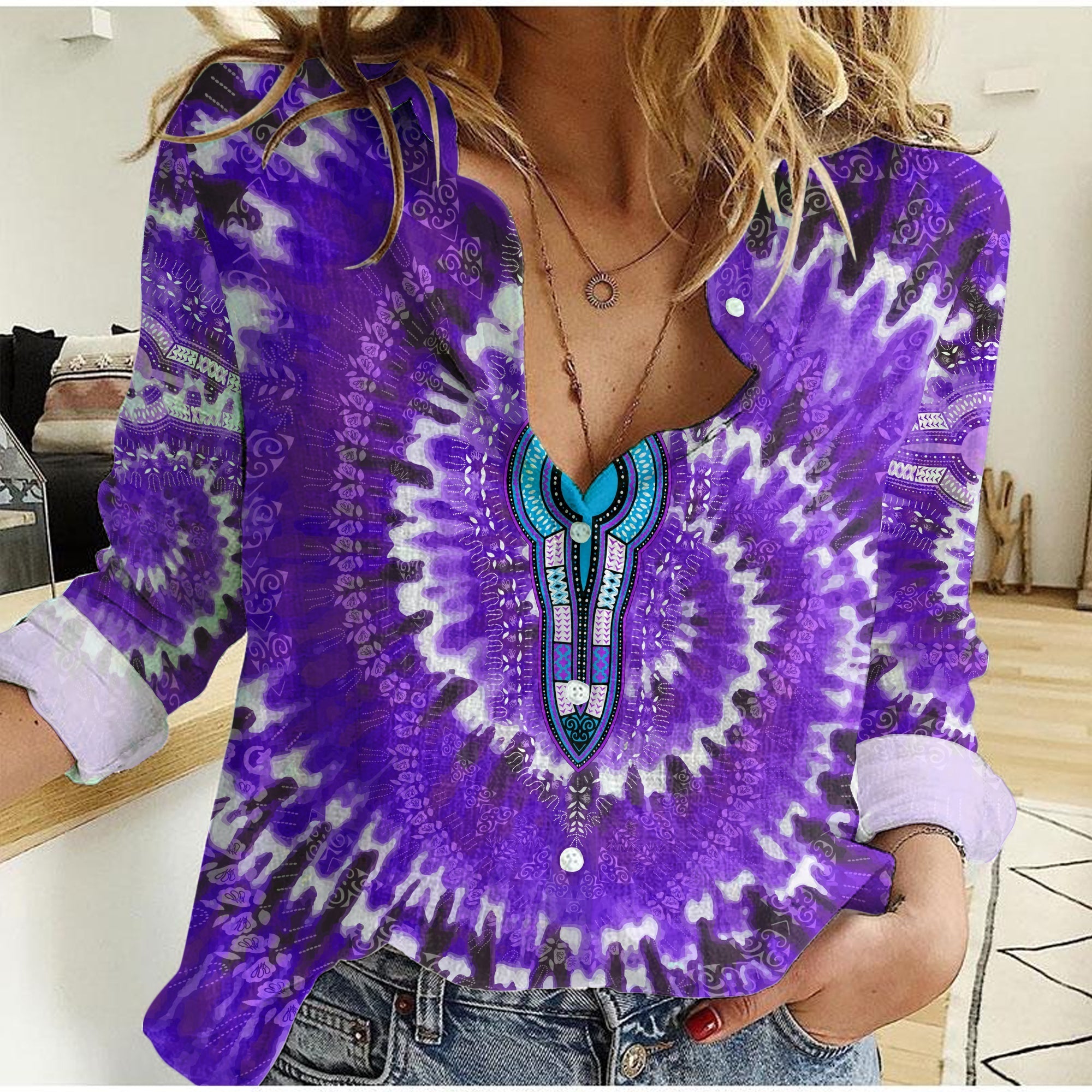 custom-personalised-africa-tie-dye-women-casual-shirt-dress-purple-fashion