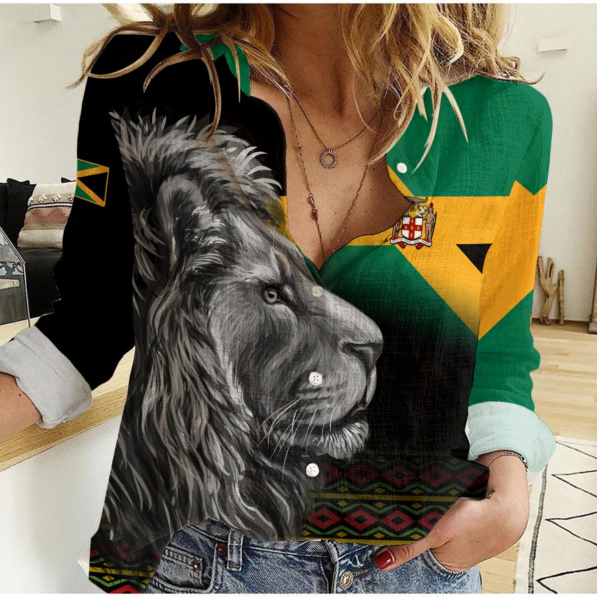 Women’s black casual shirt with large lion graphic print, button front