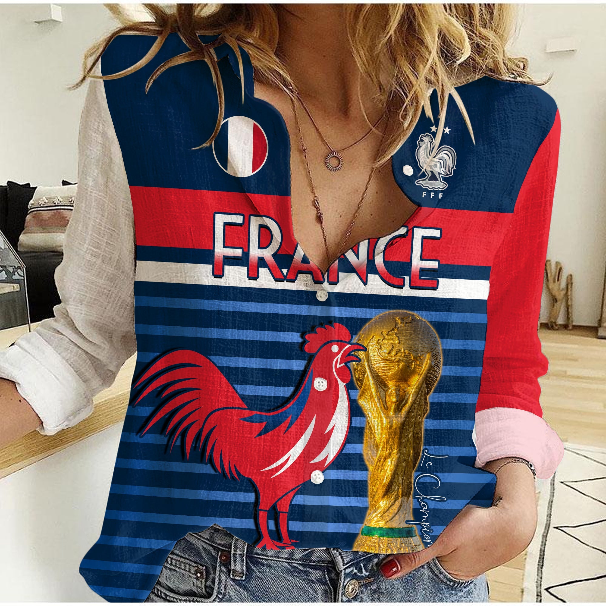 (Custom Text and Number) France Football The Blues Women Casual Shirt Les Bleus Le Champion 2022 World Cup LT13 - Wonder Print Shop