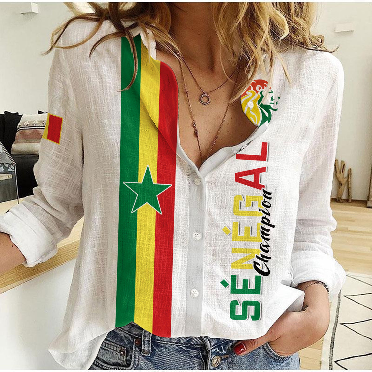 White women’s casual button-up shirt with Senegal flag print and crest on chest