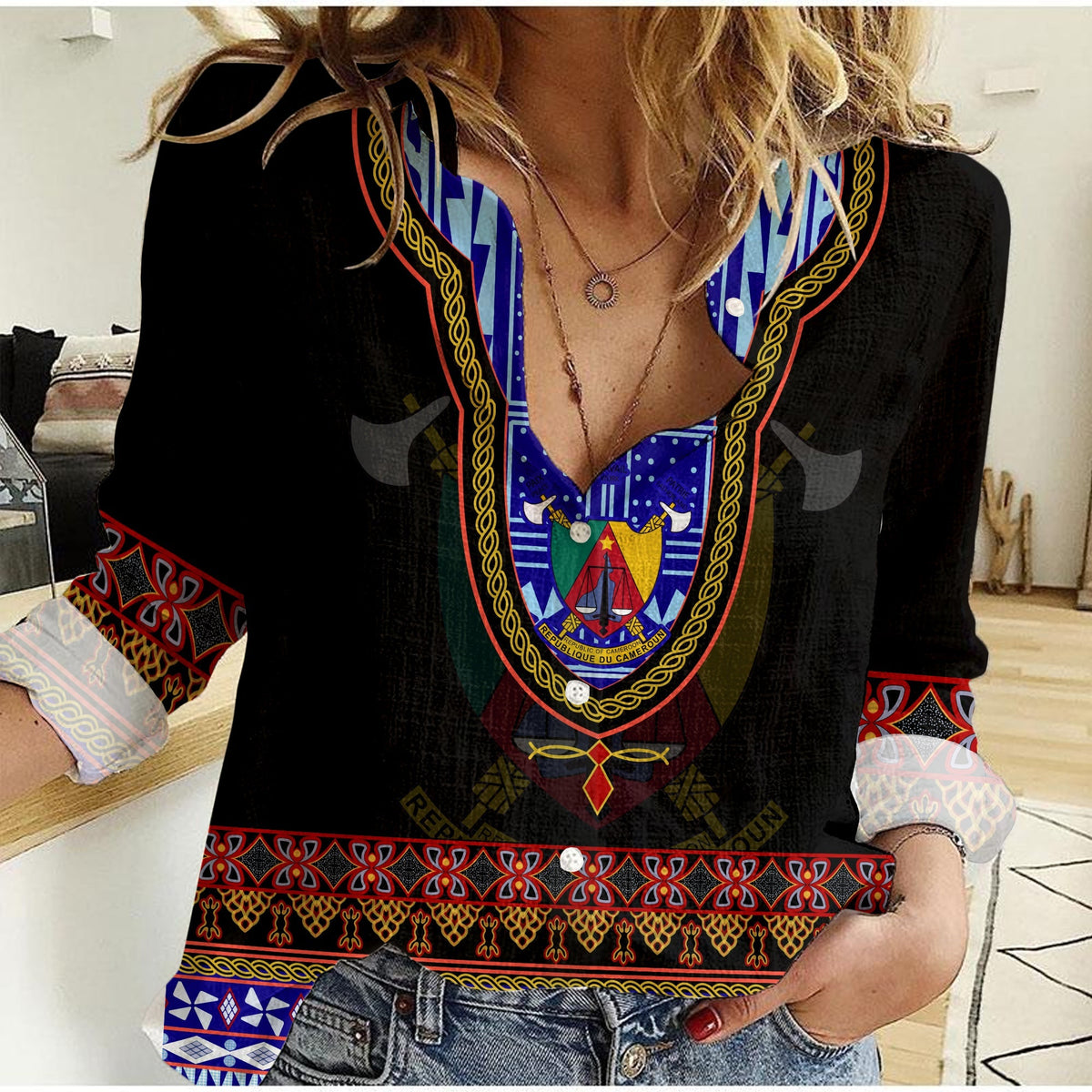 Black women’s casual shirt with colorful atoghu pattern, V-neck and long sleeves