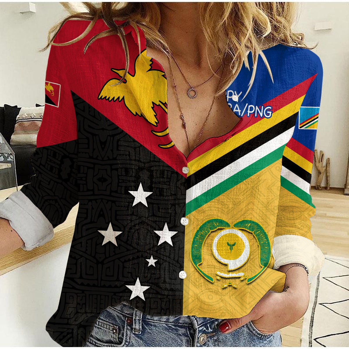 Women’s casual button-up shirt with multicolor graphic and star pattern