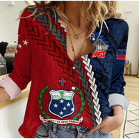 Women’s casual shirt, red and blue Polynesian graphic print, button-front, long sleeve