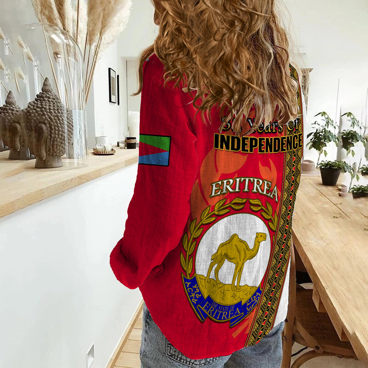 Women’s casual shirt, red with large Eritrea Independence graphic on front