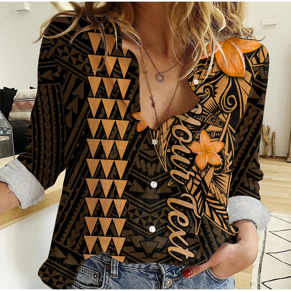 Women’s casual shirt with black and gold tribal print, orange flower accents