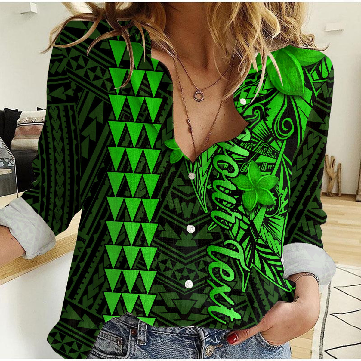 Women’s casual shirt, green and black Polynesian shark graphic, button-front