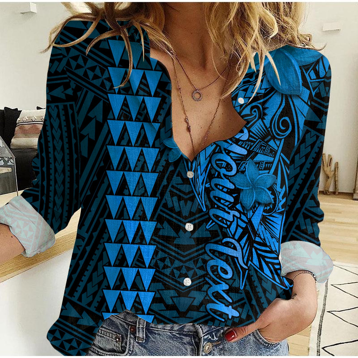 Women’s casual shirt in dark blue with geometric tribal print and button-down collar