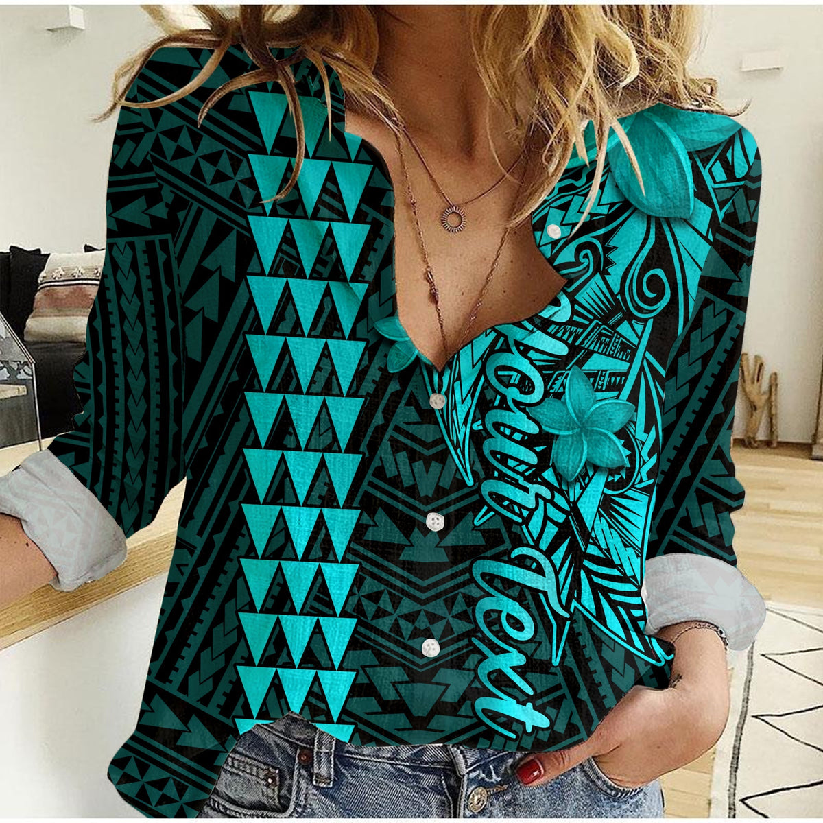 Women’s casual shirt with turquoise button-up front and Polynesian shark print