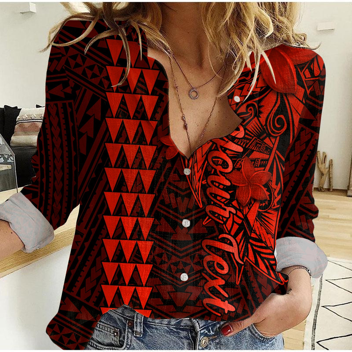 Women’s red-and-black casual shirt with tribal print and button placket
