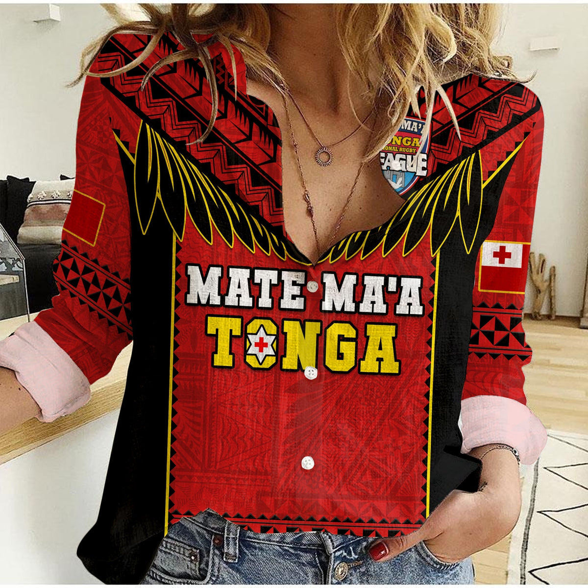 Womens rugby shirt, red with black geometric print, long sleeves, button front